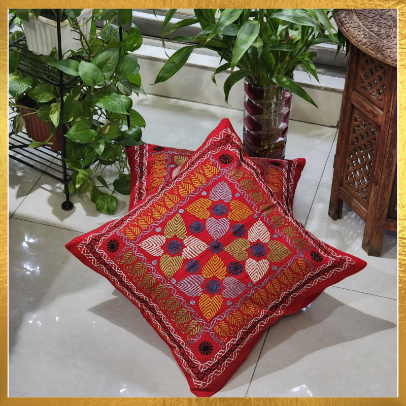 Red Cotton Cushion Cover with Multi-Colour Nokshi Katha Hand Embroidery