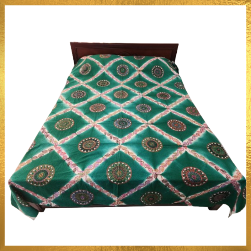 Green and Off-White Tie-Dye Cotton Hand Embroidered Bed Cover / Blanket / Nokshi Katha / Quilt