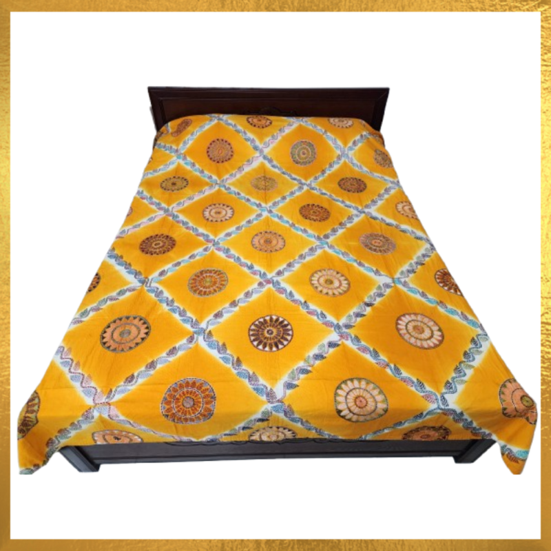 Yellow and Off-White Tie-Dye Cotton Hand Embroidered Bed Cover / Blanket / Nokshi Kntha / Quilt