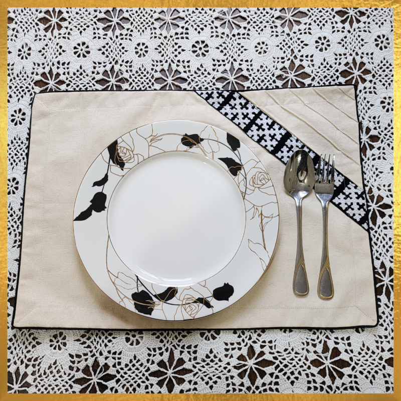 Cream Cotton Self-Printed Placemat with a Hand-Embroidered.