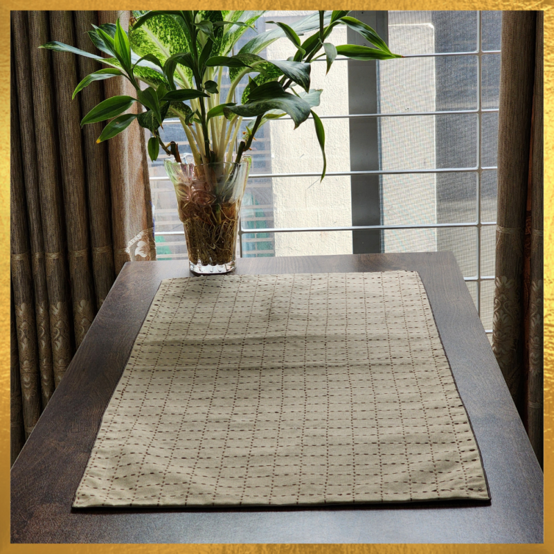 Light Brown Cotton Table Runner with a Hand-Embroidered