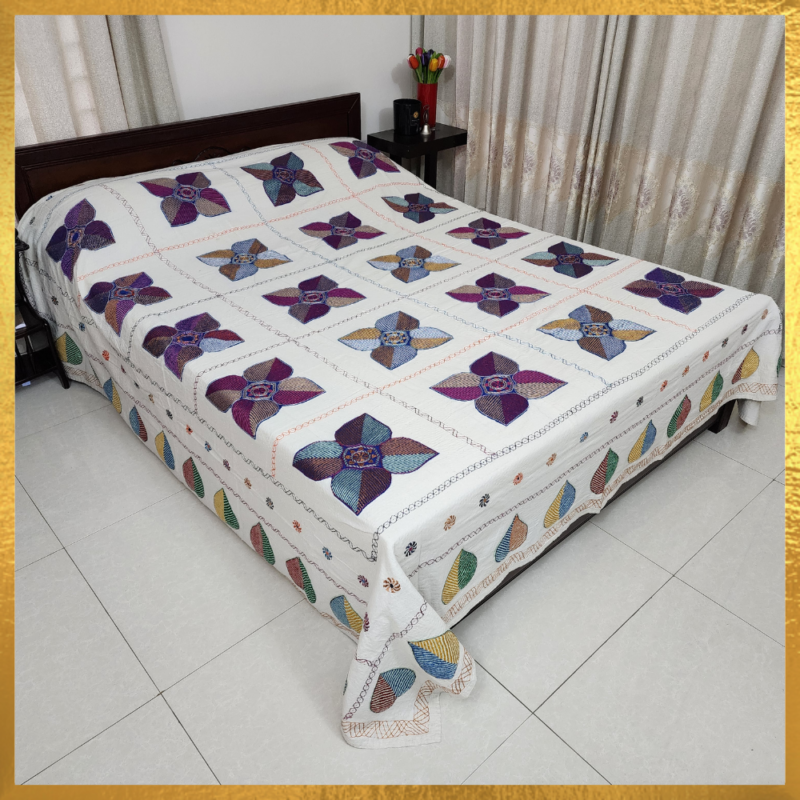 Cotton Applique Bed Cover/ Blanket/ Katha with Multi-Colour Silk Thread Hand-made Nokshi Katha.