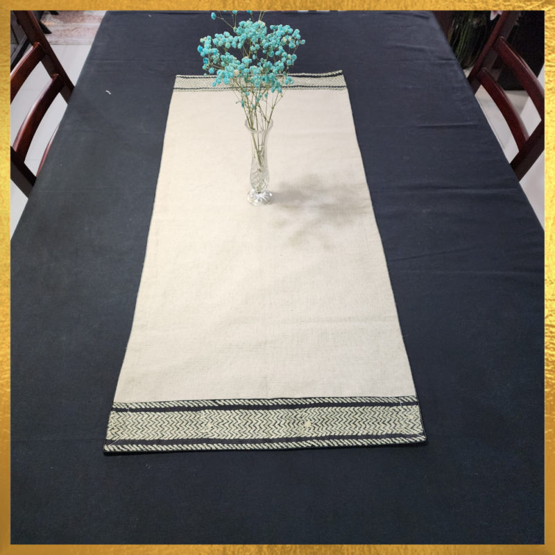 Beige Jute Cotton Table Runner with a Hand-Embroidered.