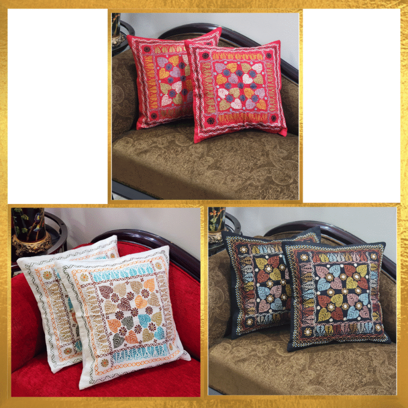 Cushion Cover with Multi-Colour Nokshi Katha Hand Embroidery